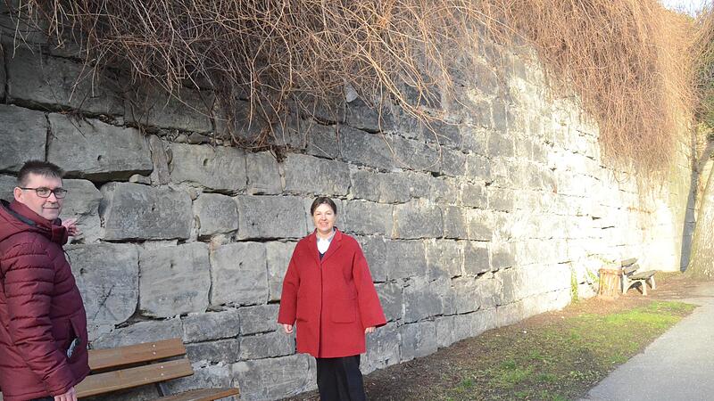 Bautechniker Georg Kreul er&ouml;rtert B&uuml;rgermeisterin Angela Hofmann die teils schon fortgeschrittenen Sch&auml;den an der Stadtmauer.