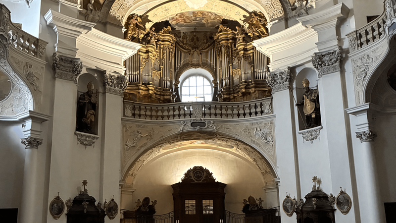 Das Deckenfresko in der ehem. Abteikirche St. Peter und Dionysius in Banz wurde von Melchior Steidl geschaffen und wird f&uuml;r den Betrachter bei schwierigen Lichtverh&auml;ltnissen erst mit der richtigen Beleuchtung erlebbar