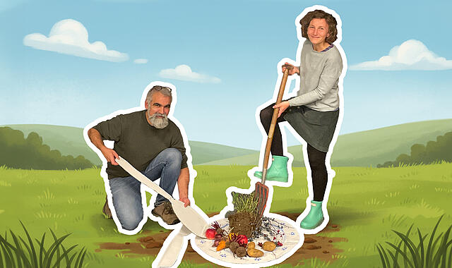 Bündnis aus Bamberger Umwelt- und Ernährungsinitiativen chlägt vor, Land genossenschaftlich zu erwerben Jürgen Mohr (Kulturland) und Antonia Deckwart (Naturlandhof Weiß) verdeutlichen symbolisch: „Wir essen vom Boden“.