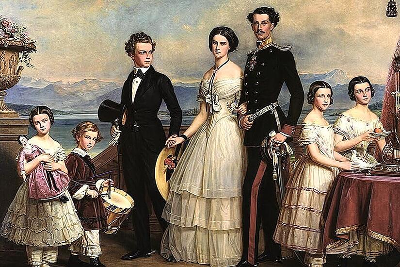 Kaiserin Sisis Geschwister auf der Veranda von Schloss Possenhofen mit (von links) Sophie Charlotte, Max Emanuel, Carl Theodor, Helene, Ludwig Wilhelm, Mathilde und Marie Sophie; &Ouml;lgem&auml;lde von Fritz Steinmetz-Noris (1892)