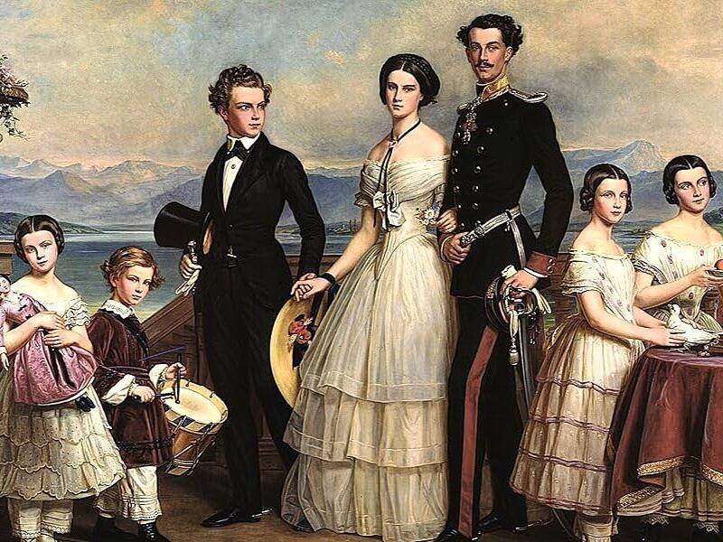 Kaiserin Sisis Geschwister auf der Veranda von Schloss Possenhofen mit (von links) Sophie Charlotte, Max Emanuel, Carl Theodor, Helene, Ludwig Wilhelm, Mathilde und Marie Sophie; &Ouml;lgem&auml;lde von Fritz Steinmetz-Noris (1892)