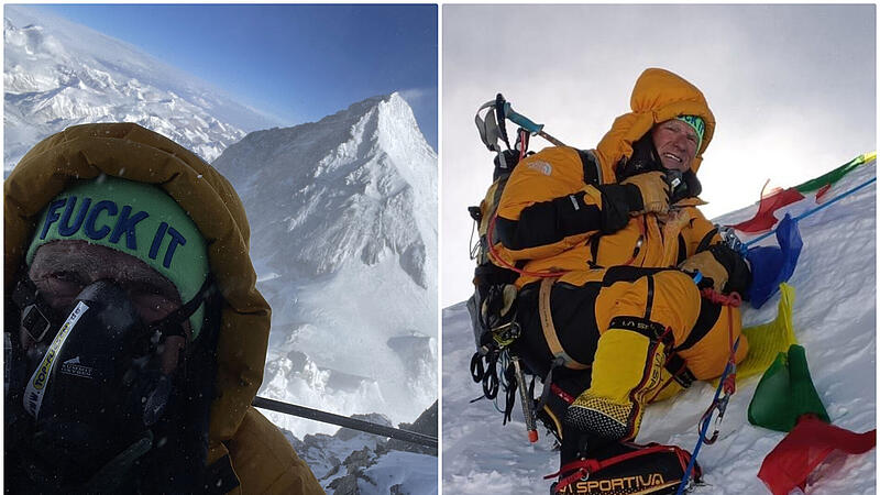 Die  vier h&ouml;chsten Achttausender der Welt sind bezwungen: Nach dem Mount Everest (8848 Meter), dem Kangchendz&ouml;nga (8586) und dem K2 (8611)  hat der Bamberger Herbert Hellmuth vor wenigen Tagen auch den 8516 Meter hohen Lhotse bestiegen. Ebenfalls in seiner Vita: der  Manaslu (8163).  Links im Hintergrund: der Mount Everest. Rechts: auf dem Gipfel des Lhotse
