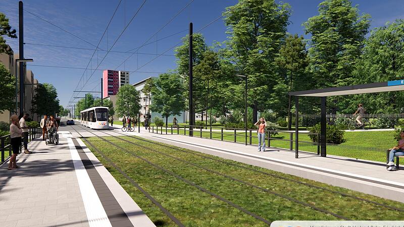 Eine Computergrafik zeigt, wie die Stadt-Umland-Bahn k&uuml;nftig aussehen k&ouml;nnte. Sie soll zwischen Herzogenaurach und Erlangen fahren.