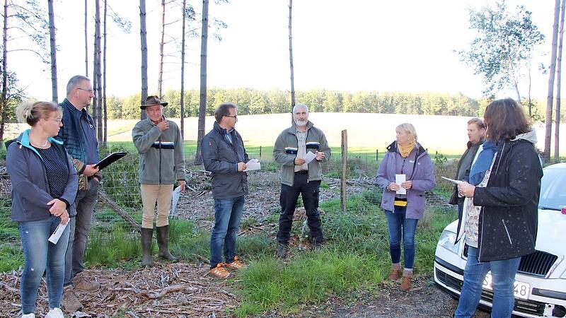 Revierf&ouml;rster Wolfgang Meiners, B&uuml;rgermeister Wolfram Thein und Forstdirektor J&uuml;rgen Hahn (ab Dritter von links) mit Gemeinder&auml;ten beim Waldrundgang