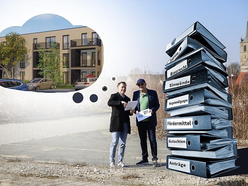 Wo Projektleiter Thomas Siebenhaar (links) und Eggolsheims B&uuml;rgermeister Claus Schwarzmann stehen, sollten schon l&auml;ngst 38 Wohnungen errichtet worden sein. Welche H&uuml;rden das Projekt behindern und wie symptomatisch dieses Beispiel f&uuml;r die Wohnungsbaumisere in Deutschland steht.