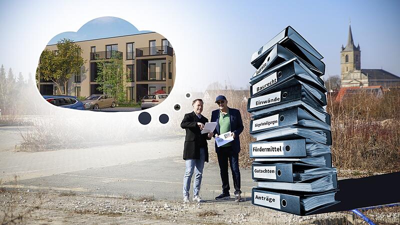 Wo Projektleiter Thomas Siebenhaar (links) und Eggolsheims B&uuml;rgermeister Claus Schwarzmann stehen, sollten schon l&auml;ngst 38 Wohnungen errichtet worden sein. Welche H&uuml;rden das Projekt behindern und wie symptomatisch dieses Beispiel f&uuml;r die Wohnungsbaumisere in Deutschland steht.