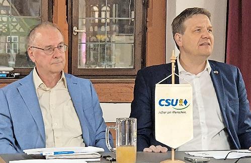 Ulrich Kutz (links) hatte Steffen Hörtler eingeladen, CSU-Vorsitzender und Stiftungsdirektor der Stiftung Heiligenhof. An diesem Tag war er in seiner Funktion als Mitglied im Aufsichtsrat des ZDF beim Stadtgespräch der CSU.