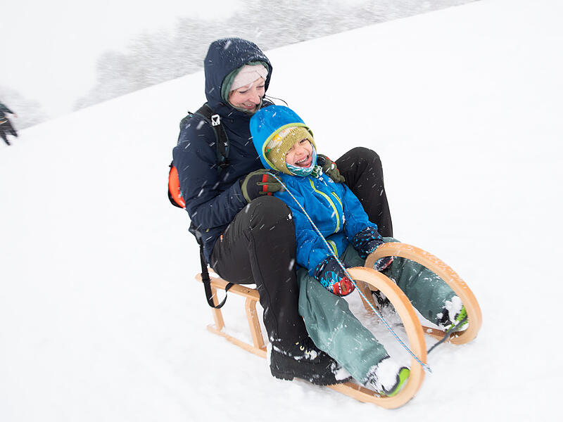Rasant: Eva und Kaneo (4 J.): Am fr&uuml;hen Nachmittag nutzten ein paar Bamberger den Sauersberg zum Rodeln oder Skifahren.