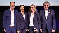 Die Vorst&auml;nde der VR Bank Kitzingen sind (von links) Alexander Schuster, Selina Gru&szlig; und Anika Friedrich. Roland K&ouml;ppel scheidet Ende Juni nach einem Vierteljahrhundert aus.