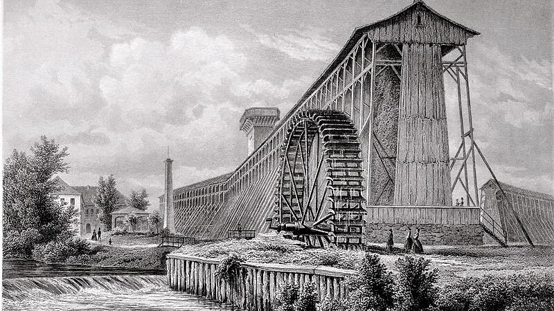 Das Gradierwerk in einstiger Gr&ouml;&szlig;e im Jahr 1855, Blick von der Unteren Saline in n&ouml;rdlicher Richtung zum Kloster Hausen.