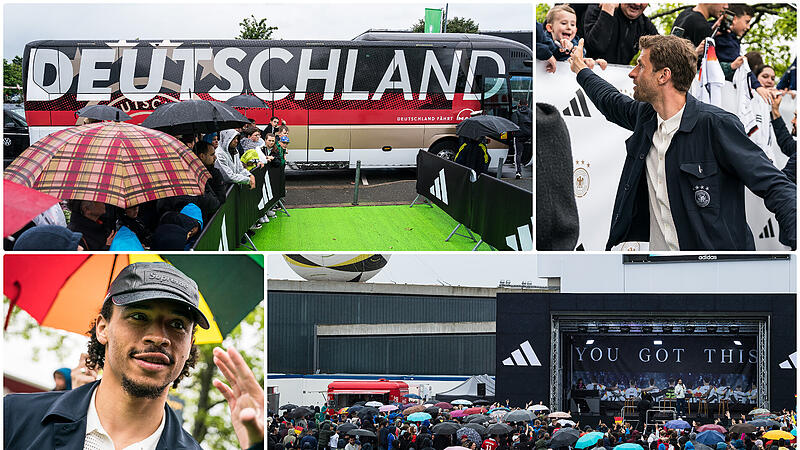 Der DFB in Herzogenaurach: Die deutsche Nationalmannschaft um Leroy San&eacute; und Thomas M&uuml;ller bei der Ankunft vor dem Adidas-Outlet.