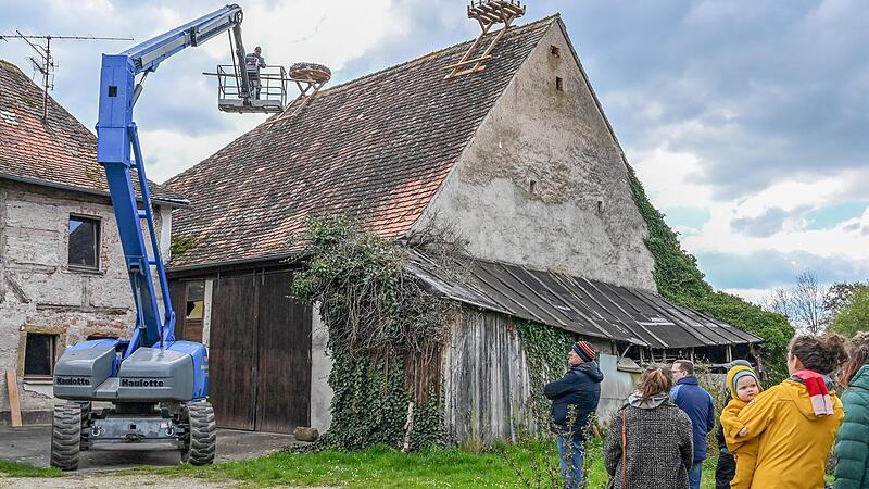 Die Helfer wollten bei der Nesthebung dabei sein. Durch ihre Zusammenarbeit konnte ein zweites Nest auf die Schlossscheune in Frensdorf gesetzt werden.