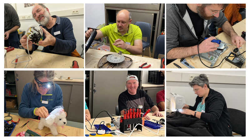 Das Team des Repair Caf&eacute; M&uuml;nnerstadt besteht aus (von links oben) Martin Fischer, Oliver Zimmer, Christoph Schmitt, Michael Krause, Paul D&uuml;ring und Susanne Weber.