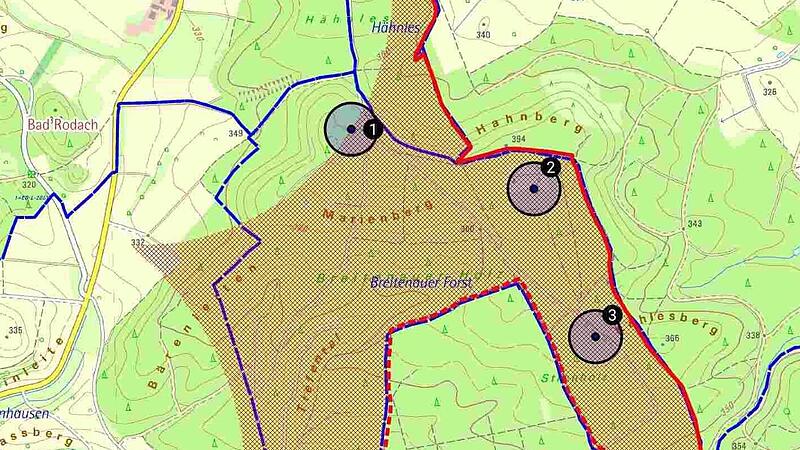 Das sind die geplanten Standorte der drei Windr&auml;der im Windpark Bad Rodach&ndash;Breitenauer Forst.