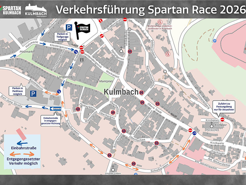 Um einen reibungslosen Ablauf der Spartanrennen und des Public Vie-wing gewährleisten zu können, kommt es im Innenstadtbereich Kulm-bach zu geänderten Verkehrsführungen, Umleitungen und Sperrungen. Um einen reibungslosen Ablauf der Spartanrennen und des Public Vie-wing gewährleisten zu können, kommt es im Innenstadtbereich Kulm-bach zu geänderten Verkehrsführungen, Umleitungen und Sperrungen.