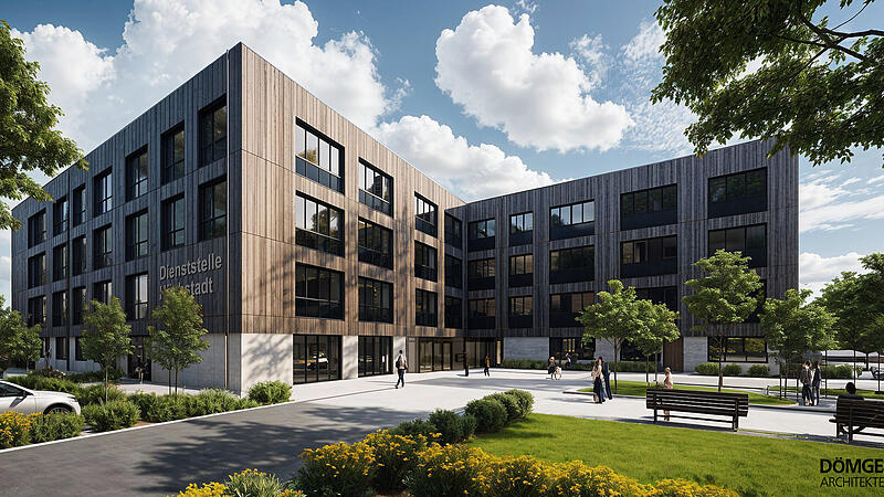 Eine Holzfassade wird das neue, aus zwei Fl&uuml;geln bestehende Landratsamt in H&ouml;chstadt bekommen.