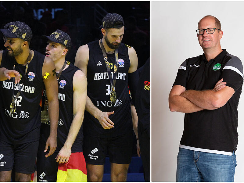 Jörg Mausolf (rechts) spricht über die EM-Helden Johannes Thiemann, Andi Obst und Leon Kratzer (von links), die ihre ersten Schritte in Baunach machten.