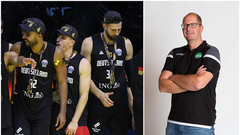 J&ouml;rg Mausolf (rechts) spricht &uuml;ber die EM-Helden Johannes Thiemann, Andi Obst und Leon Kratzer (von links), die ihre ersten Schritte in Baunach machten.