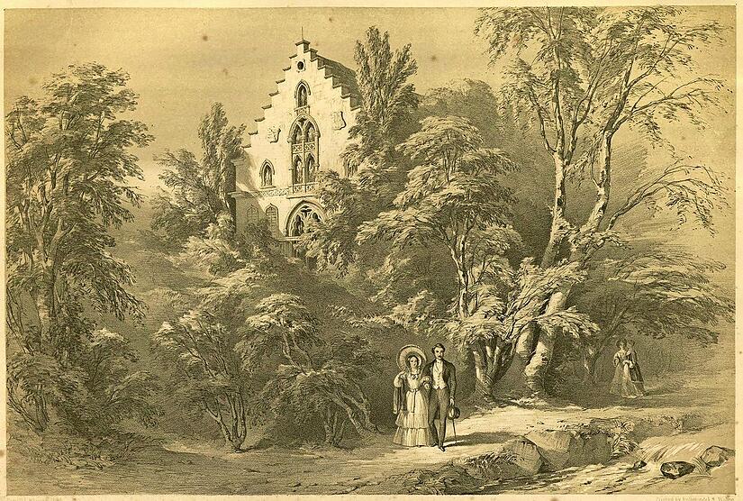 Schloss Rosenau. Aus: Douglas Morison, The ducal palaces and hunting seats of Saxe Coburg and Gotha, ver&ouml;ffentlicht 1846. Ob das P&auml;rchen im Vordergrund Queen Victoria und Prinz Albert darstellen soll? Sie wohnten 1845 hier.