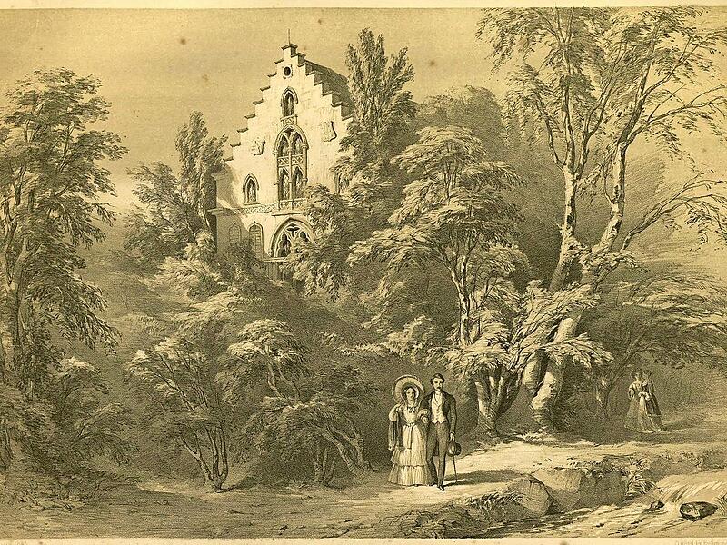 Schloss Rosenau. Aus: Douglas Morison, The ducal palaces and hunting seats of Saxe Coburg and Gotha, ver&ouml;ffentlicht 1846. Ob das P&auml;rchen im Vordergrund Queen Victoria und Prinz Albert darstellen soll? Sie wohnten 1845 hier.