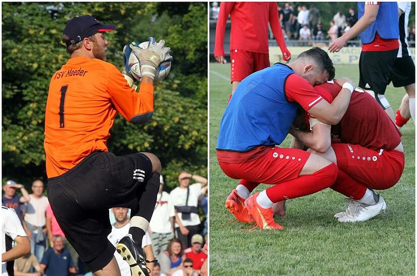 Nachdem sich Torh&uuml;ter Matthias Komm im Elfmeterschie&szlig;en  zum Matchwinner f&uuml;r den TSV Meeder aufschwang, war die Entt&auml;uschung beim SC Reichmannsdorf nach Spielende gro&szlig;: Spielertrainer Sven Wenzel tr&ouml;stet Stanislaw Nikiforow.