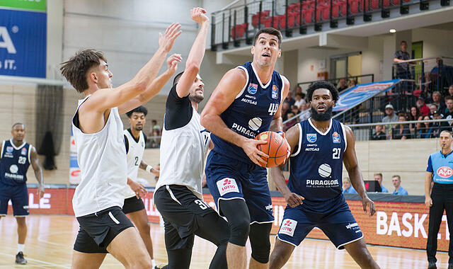 Im Testspiel vor zwei Monaten hatte der Mitteldeutsche BC um Center Jure Planinic (mit Ball, aktuell mit Gesichtsmaske) gegen die Bamberger um Zach Ensminger und Daniel Keppeler klar das Nachsehen. Aktuell spricht die Form für Weißenfels.