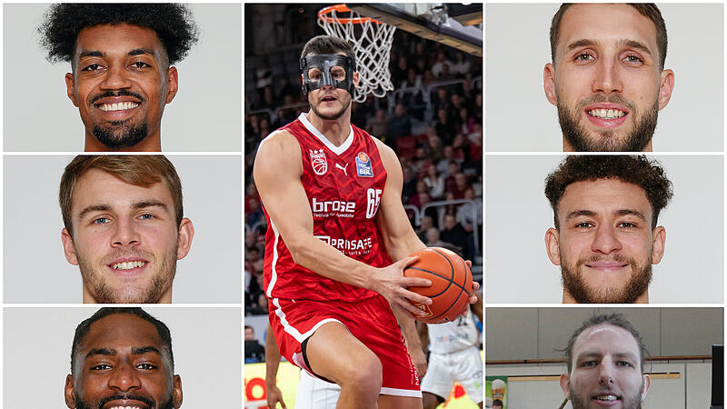 Die Spieler der Bamberg Baskets von oben links: Ibrahim Watson, Moritz Krimmer, KeyShawn Feazell. Mitte: Filip Stanic. Von oben links: Brandon Horvath, Kevin Wohlrath, Craig Moller.