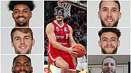 Die Spieler der Bamberg Baskets von oben links: Ibrahim Watson, Moritz Krimmer, KeyShawn Feazell. Mitte: Filip Stanic. Von oben links: Brandon Horvath, Kevin Wohlrath, Craig Moller.