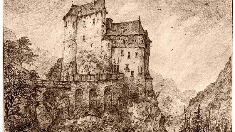 Burg Gaillenreuth, Bleistiftzeichnung von Domenico Quaglio, hier als Lithographie von Karl August Lebsch&eacute;e aus der &bdquo;Sammlung malerischer Burgen und anderer merkw&uuml;rdiger Baudenkmale der Bayerischen Vorzeit&ldquo;, M&uuml;nchen 1844Forchheim & Fr&auml;nkische Schweiz