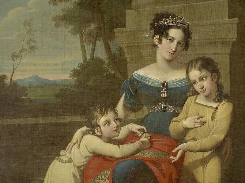 Herzogin Luise von Sachsen-Coburg-Saalfeld mit ihren beiden S&ouml;hnen Albert und Ernst, um 1823/24. Das Gem&auml;lde von Ludwig D&ouml;ll h&auml;ngt heute noch in der Ehrenburg ( Inv.-Nr. M498).