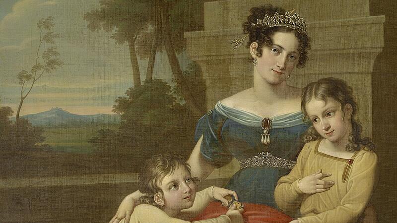 Herzogin Luise von Sachsen-Coburg-Saalfeld mit ihren beiden S&ouml;hnen Albert und Ernst, um 1823/24. Das Gem&auml;lde von Ludwig D&ouml;ll h&auml;ngt heute noch in der Ehrenburg ( Inv.-Nr. M498).