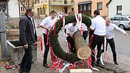 Die Kirchweih in Kauernhofen findet ausschlie&szlig;lich drau&szlig;en statt, es gibt keine R&auml;umlichkeiten f&uuml;r Veranstaltungen. Hier sind die Kirchweihburschen beim Baumaufstellen zu sehen.Forchheim & Fr&auml;nkische Schweiz