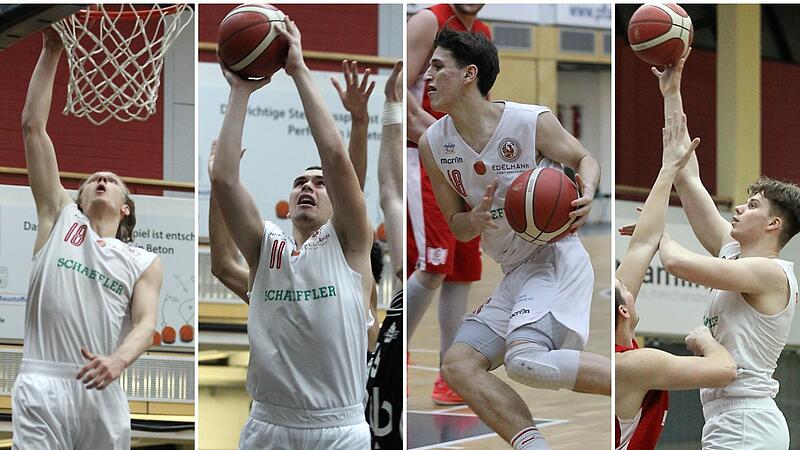 Vier Talente, die mit dem NBBL-Team des TSV Breiteng&uuml;&szlig;bach/Brose Bamberg ins Top Four wollen (von links, im Trikot der Regnitztal Baskets): Joshua Sch&ouml;nb&auml;ck, Milan Suput, Adrian Petkovic und Danas Kazakevicius