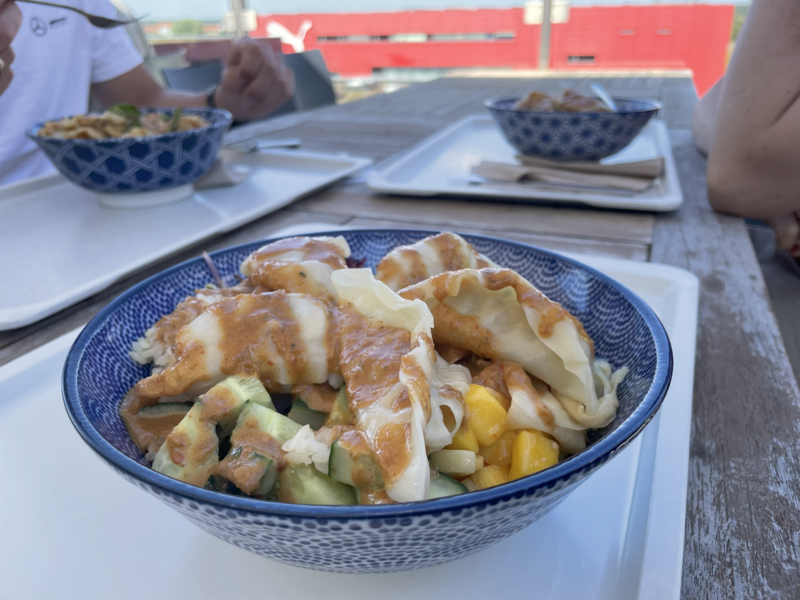 Kantine Puma HerzogenaurachKantine Puma Herzogenaurach Eine Bowl mit Gemüse und veganen Gyozas (japanische Teigtaschen) und würziger Erdnusssauce. In der Puma-Betriebskantine wird jeden Tag ein veganes Gericht angeboten.