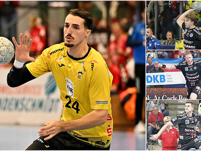 Mikael Helmersson (links) ist der einzige HSC-Spieler bei der Handball-EM 2026. Der HCE schickt die Isl&auml;nder Runarsson (rechts, oben) und Kristjansson (rechts, unten) sowie den Polen Gebala (rechts, Mitte) zum Turnier.