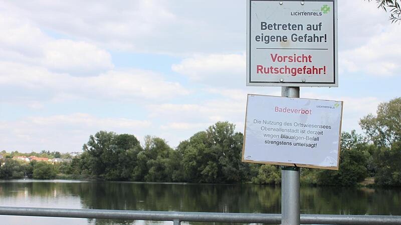 Ein Schild weist auf das derzeitige Badeverbot am Ortswiesensee in Oberwallenstadt hin.