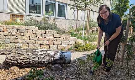 Kreisfachberaterin Anna Lena Ostermeier gie&szlig;t die frisch gepflanzten Beerenstr&auml;ucher im G&auml;rtla des Kulmbacher Landratsamts.