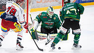 H&ouml;chstadts Bester h&uuml;tete das Tor: Luca Ganz versagte Deggendorf lange die Tore, ehe Harrison Roy (links) im Powerplay die Wende einleitete.