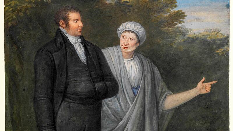 E.T.A. Hoffmann  (r.) zeigt, antikisch gekleidet  wie Vergil in der &bdquo;G&ouml;ttlichen Kom&ouml;die&ldquo; Dantes, dem Bamberger Arzt Adalbert Friedrich Marcus eine Waldlandschaft. Deckfarbenmalerei von E.T.A. Hoffmann, entstanden in Bamberg 1809&ndash;1813.