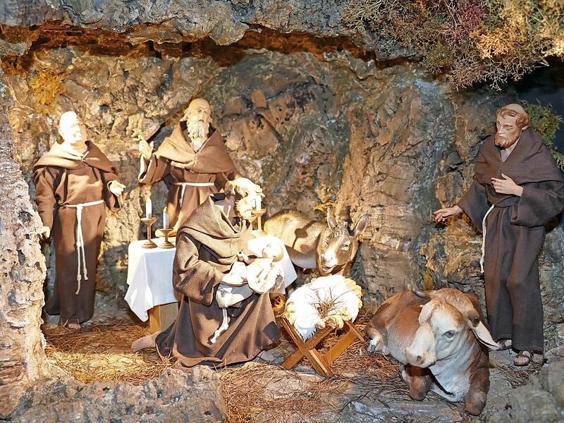 Eine absolute Rarität: Der Heilige Franz von Assisi mit Jesuskind und Ordensbrüdern in der Grotte von Greccio.