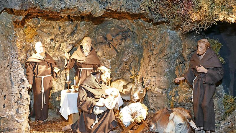 Eine absolute Rarität: Der Heilige Franz von Assisi mit Jesuskind und Ordensbrüdern in der Grotte von Greccio.