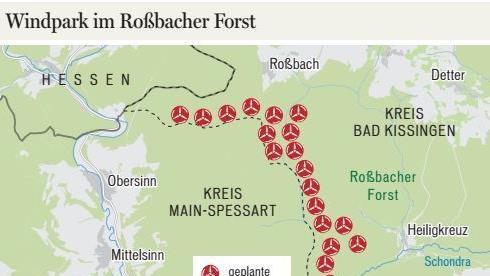 An diesen 19 Stellen im Ro&szlig;bacher Forst planen Projektentwickler aus Eberswalde einen Windpark. Grafik: Dagmar Klumb / Quelle: Markt Zeitlofs, &euro;-Co-Partner GbR