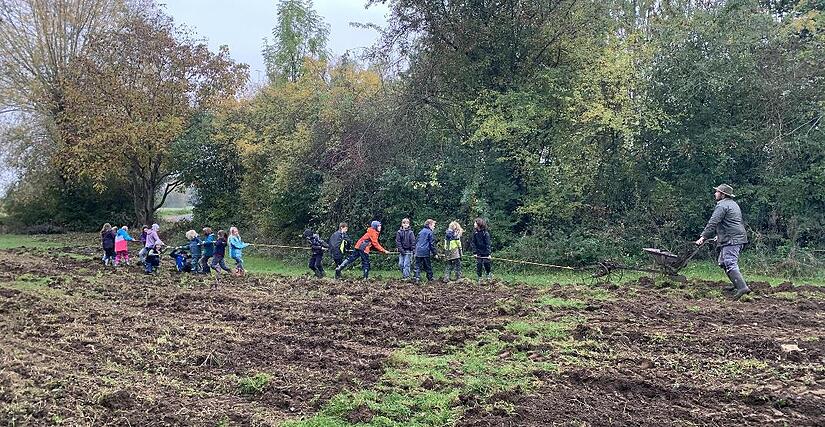 Die Drittklässler der Waldorfschule im Kulmbacher Land ziehen den Pflug von Bio-Bauer Christian Jundt.