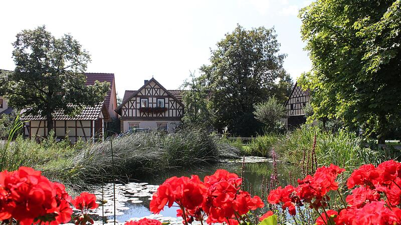 Am Dorfweiher blüht und grünt es. Links im Bild das aktuelle Projekt „Wiegehäuschen“: In das kleine Fachwerk-Gebäude bauen die Rabelsdorfer eine Grillstation ein.