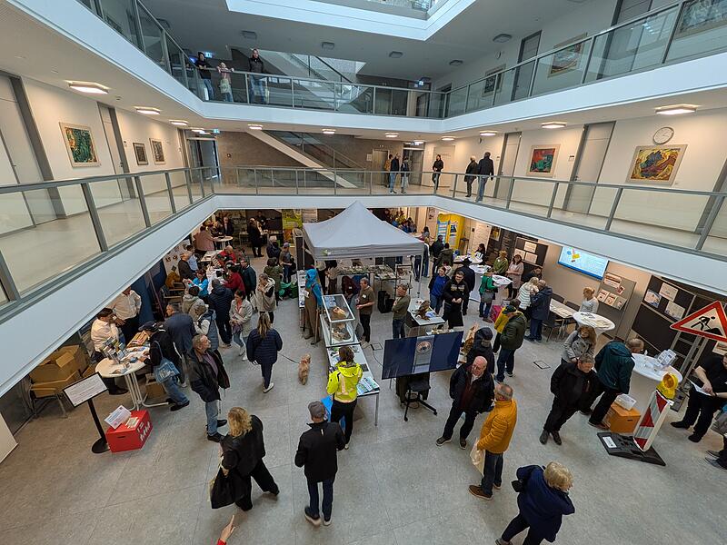 Viele Besucherinnen und Besucher informierten sich an den Ständen und nutzten die Mitmachangebote im lichtdurchfluteten Foyer des Landratsamts.