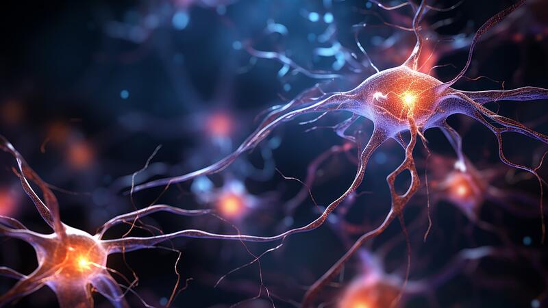 Neuron cells neural network under microscope neuro research science brain signal information transfer human neurology mind mental impulse biology anatomy microbiology intelligence connection system