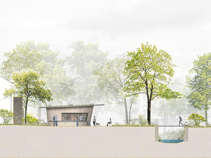 Ansicht von der Seite aus der Friedhofstraße: Der Kiosk und der neue Zugang über das Talwasser von den nebenliegenden Gärten ist zu sehen. Ansicht von der Seite aus der Friedhofstraße: Der Kiosk und der neue Zugang über das Talwasser von den nebenliegenden Gärten ist zu sehen.