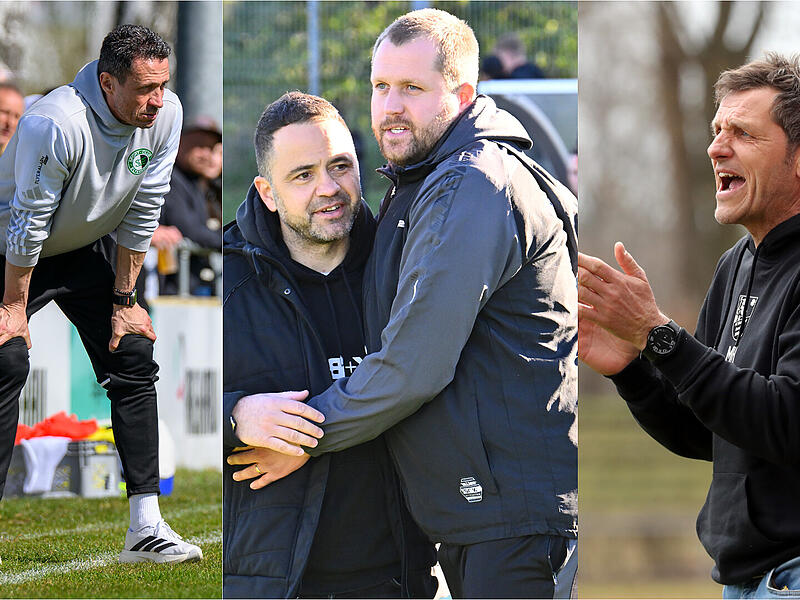 Bernd Eigner (links) ist mit Eltersdorf Tabellenf&uuml;hrer, Faruk Malokus ASV Cham ist Zweiter. Erste Verfolger: Der ASV Neumarkt von Sven Zurawka (2. v. rechts) und der FC Eintracht Bamberg mit Michael Hutzler (rechts).