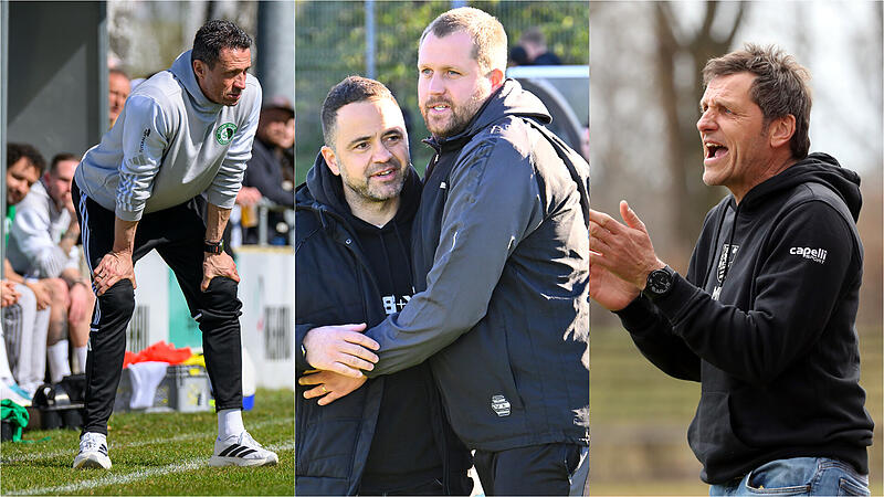 Bernd Eigner (links) ist mit Eltersdorf Tabellenf&uuml;hrer, Faruk Malokus ASV Cham ist Zweiter. Erste Verfolger: Der ASV Neumarkt von Sven Zurawka (2. v. rechts) und der FC Eintracht Bamberg mit Michael Hutzler (rechts).