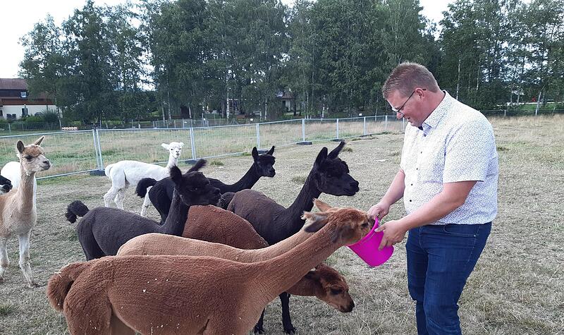 Holger Grie&szlig;hammer inmitten seiner Alpaka-Herde